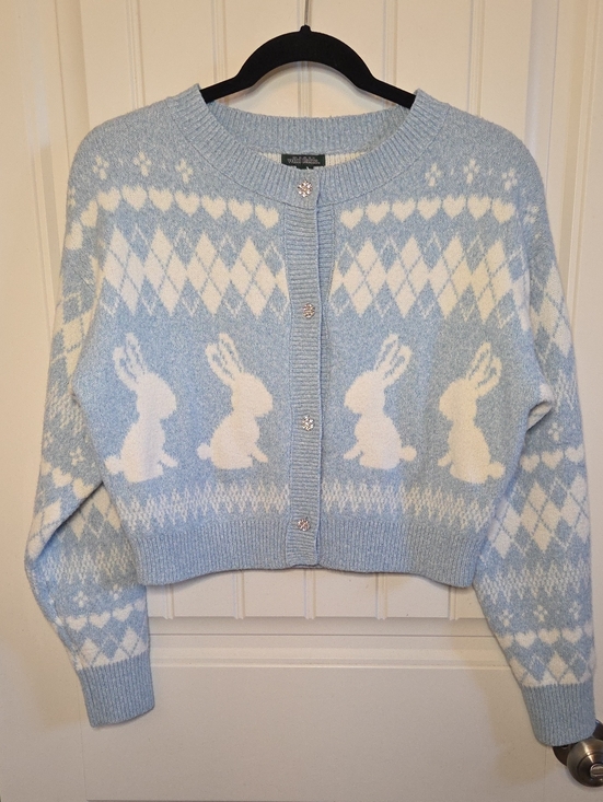 wild fable Sweaters - 🐇 Light Blue and White Bunny Argyle Cardigan With Rhinestone Buttons